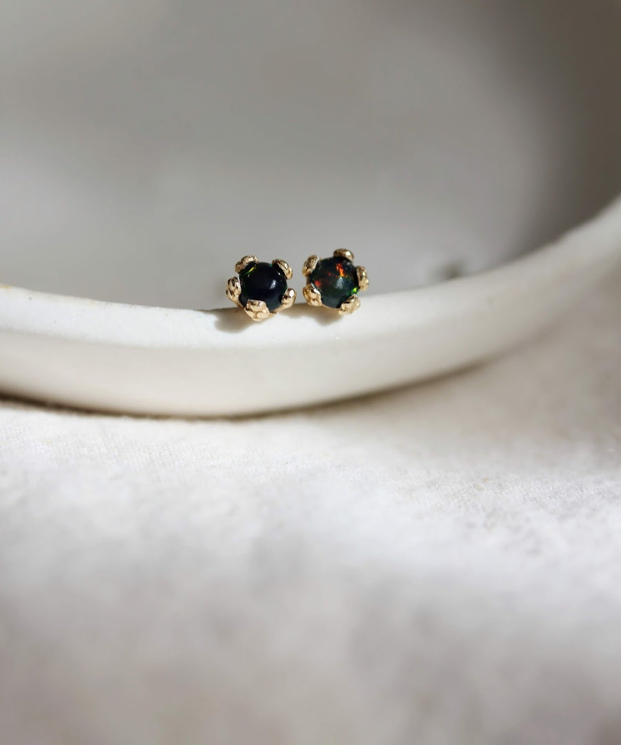 Tiny Black Opal Flower Studs